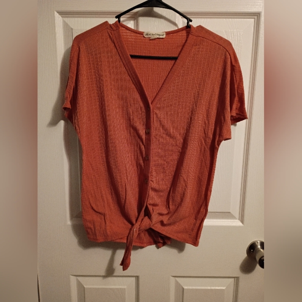 Above And Beyond Rust Button-Down Tie-Front Blouse